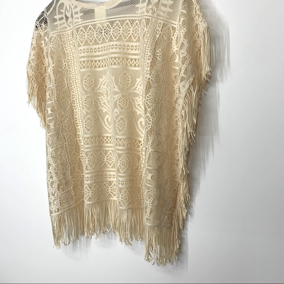 Self Esteem Y2K Crocheted Lace Boho Overlay Blouse With Fringe Warm Ivory Cream - Picture 9 of 15